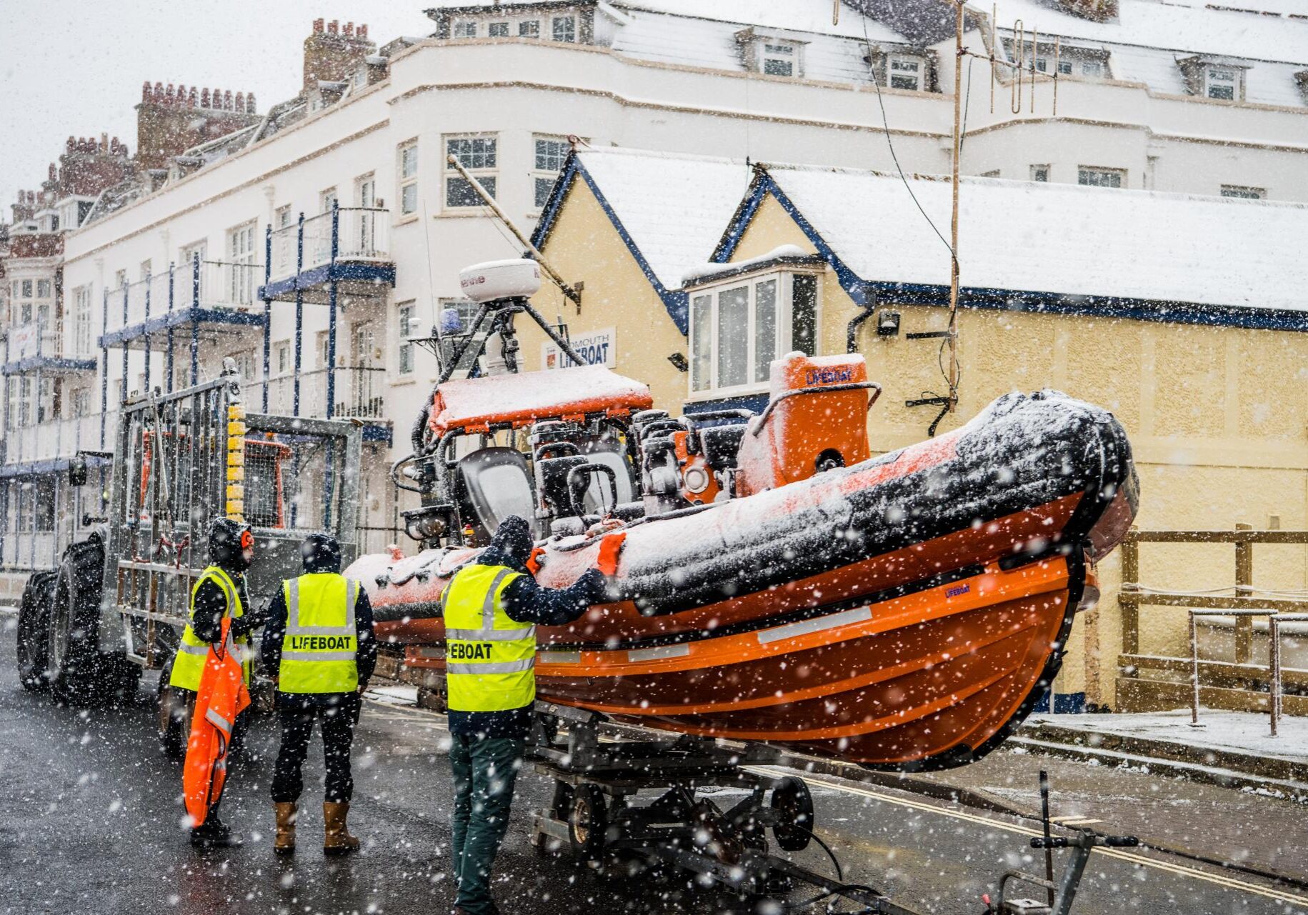 Sidmouth Lifeboat in the snow on turn table